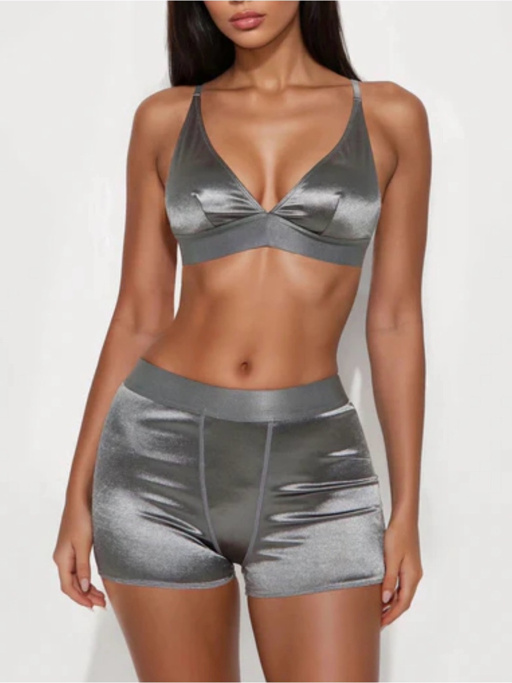 Forplay Metallic Silver Satin‎ Bralette & Boxer Short Set